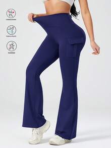 High Waist Slim Fit Flared Yoga Pants With Pockets, Casual Sports Trousers For Women Spring - Navy Blue - View 5