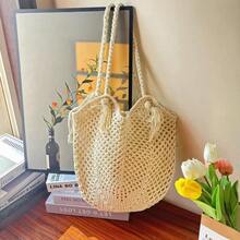 Hollow Mesh Tassel Straw Tote Bag, Large Capacity Vacation Commute Shoulder Beach Bag For Women,Holiday Essential,Summer,Beach Bag,Holiday Bag - Multicolor - View 7