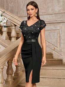 MIUSOL Elegant Sequin Lace Puff Sleeve Ruched Split Thigh Cocktail Party Bodycon Dress,Semi Formal Women Dress,For Wedding Guest, Graduation, Dinner - Black - View 5