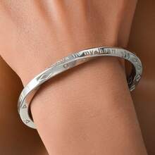1pc Minimalist Luxury 18K Gold Plated Silver Infinity Loop Engraved Open Bangle Bracelet, Unisex Daily Wear, Couples Jewelry - Silver - View 3