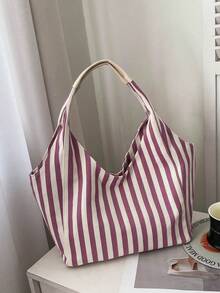 一件装黑白条纹帆布大容量敞口休闲单肩包，适合女性日常通勤。 - 彩色 - 查看 2
