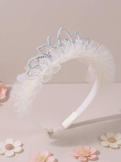 1pc Pink /Beige Mesh Headband For Girls Sparkly Crown Hairband Glossy Rhinestone Decor Hair Hoop Elegant Princess Headwear Party Birthday Vacation Gift Daily Headdress Teens Hair Accessories
