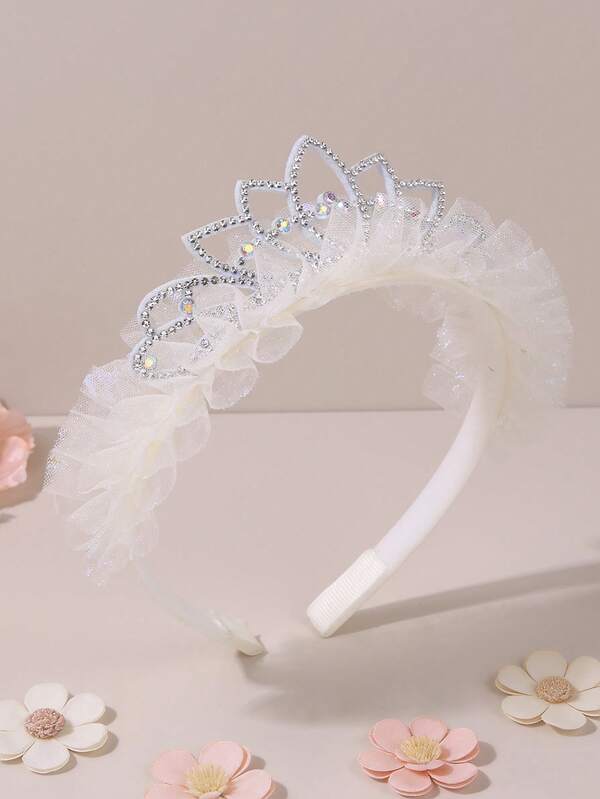 1 pieza Diadema de malla rosa/beige para niñas, diadema con brillante, decoración de diamante de imitación brillantes, accesorio de cabello elegante de princesa para fiestas, cumpleaños, vacaciones, regalo diario, accesorios de cabello para adolescentes