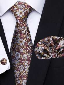 1 Set de corbata, pañuelo de bolsillo y gemelos de 3 piezas con estampado floral para hombres, adecuado para accesorios formales de novio en bodas y atuendo de negocios - colores mezclados - Ver 13