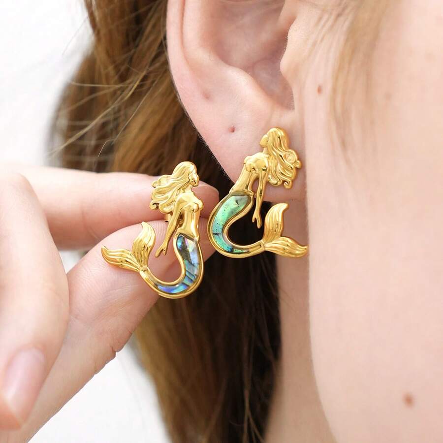 1 Pair 18K Gold Plated Abalone Shell Mermaid Earrings, 304 Stainless ...