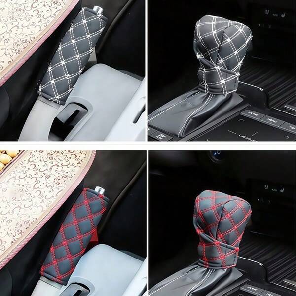 1 Set Car Gear Shift Knob Cover + Handbrake Cover, Featuring Elegant Diamond Stitching Design, Comfortable Non-Slip Durable, Fits Original Gear Shift And Handbrake, Easy Installation, Enhances Interior Quality And Driving Experience