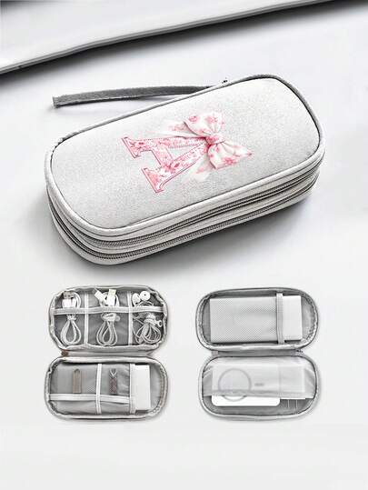 Compact Black Double-Layer Zipper Storage Bag And Digital Product Organizer With 26 Cute Patterned Bow Letters: A Must-Have Travel Cable And Electronics Storage Accessory That Can Store Power Banks, USB Data Cables, Headphones