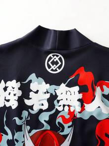 Bata con estampado de máscara de demonio Prajnaparamita de manga 3/4, Cárdigan suelto y oscuro indiferente para protección solar, Chaqueta kimono para hombres - Negro - Ver 6