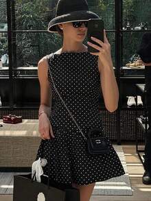 女士休闲优雅日常街头波点印花连衣裙，春夏款 - 黑 - 查看 3