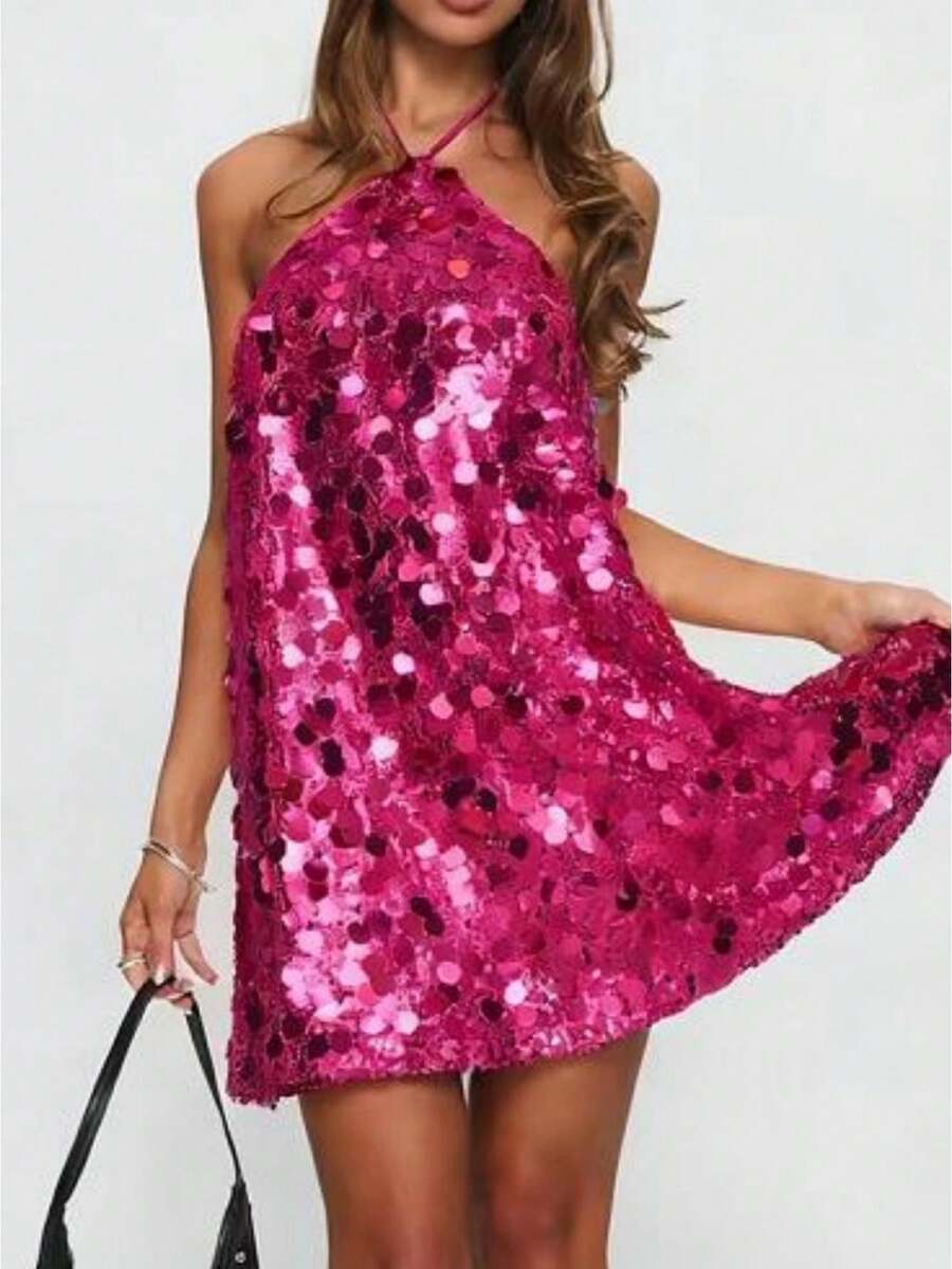 Ladies' Summer Casual Dress, Sleeveless And Backless, Adorned With Sparkling Sequins. Soft Fabric, Lightweight And Breathable. Ideal For Summer, Weddings, Clubs, Casual Wear, Birthday Parties, Vacations, Beaches, Holidays, Work, Daily Life, And Dating. - 珊瑚粉 - 查看 1