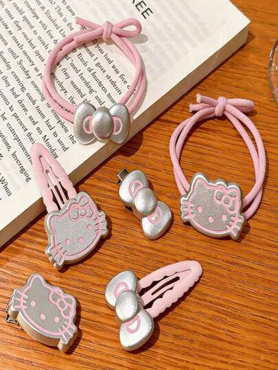  6个装 SANRIO HELLO KITTY 可爱猫咪蝴蝶结发夹，日系卡哇伊刘海侧夹，卡通发圈，女孩发饰，发夹+发圈组合，弹性材质，可扎马尾，送给朋友的最佳礼物