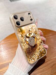 1pc New Luxury Sparkling Crystal Rhinestone Gold Apple Pattern Deluxe Large Window Tempered Glass Camera Lens Protection Phone Case Compatible With IPhone 17/17Pro/17ProMax/17Air/16/16Pro/16ProMax/16Plus/15/15Plus/15Pro/15ProMax/14/14Plus/14Pro/14ProMax/13/13Pro/13ProMax/12/12Pro/12ProMax/11/11ProMax, Matte Anti-Fall, Full Coverage Metal Paint Premium Protection Cover - Multicolor - View 1