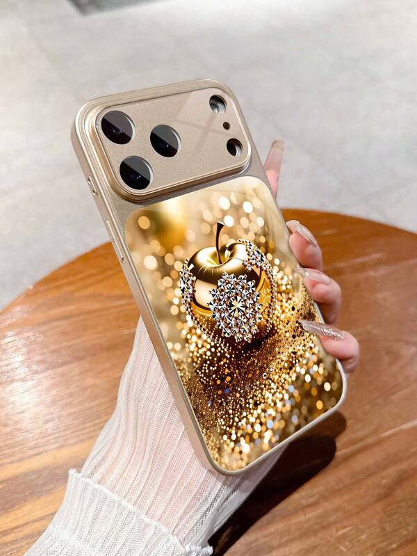 1pc New Luxury Sparkling Crystal Rhinestone Gold Apple Pattern Deluxe Large Window Tempered Glass Camera Lens Protection Phone Case Compatible With IPhone 17/17Pro/17ProMax/17Air/16/16Pro/16ProMax/16Plus/15/15Plus/15Pro/15ProMax/14/14Plus/14Pro/14ProMax/13/13Pro/13ProMax/12/12Pro/12ProMax/11/11ProMax, Matte Anti-Fall, Full Coverage Metal Paint Premium Protection Cover