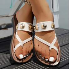 夏季金属圆扣人字拖，平底防滑休闲拖鞋，休闲度假沙滩鞋 - 白色 - 查看 6