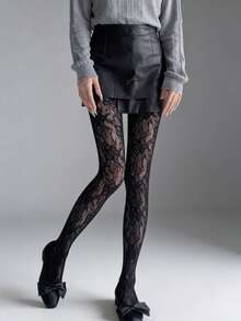 2 Colors Available Vintage Lace Stockings, French Style Floral Net Pantyhose - Multicolor - View 7