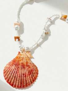 Colar Pingente de Concha Natural, Corrente de Clavícula de Pérola de Búzio, Joias de Estilo de Resort Oceânico Deusa | Mesmo Estilo que a Influenciadora - Multicolorido - Visão 3