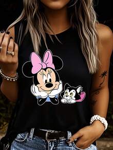 Disney 1件米妮图案印花女式背心，时尚休闲圆领弹力背心，适合日常穿着，易护理面料，女式无袖上衣 - 黑色 - 查看 3