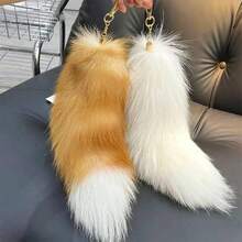 Huge Fluffy Faux Therian Fox Tail Fur Key Chain Keychain Pendant Gift For Women Girl - Silver Fox - View 2