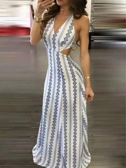 Women's Fashionable Backless Camisole Dress, Bohemian Style Sleeveless A-Line Woven Long Dress Party