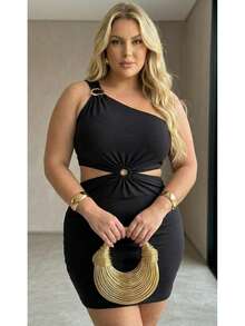 Plus Size Red Ribbed Dress With An Asymmetrical Neckline, Ring Detail And Cutout, Party Style. - màu đen - Xem 2