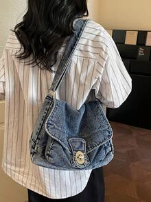 New Stylish And Soft Washed-Jeans-Inspired Shoulder Bag With A Flap Design; A Versatile, Roomy Crossbody Bag For Women With A Twist-Lock Closure, Perfect For Shopping And Commuting - 藍色 - 查看 3