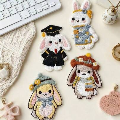 4pcs Cute Cartoon Rabbit Embroidered Patches, Heat-Seal Design, Badges, Appliques For Clothing, Hats, Jackets, DIY Decoration On Apparel, Phone Cases, Bags
