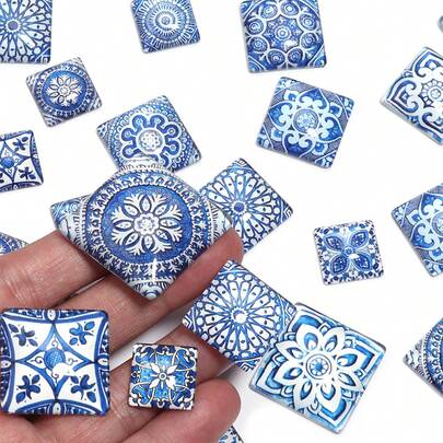 10 viên đá cabochon vuông bằng thủy tinh họa tiết sứ xanh dương - Đa chức năng, thích hợp để làm mặt dây chuyền, vòng tay, bông tai và nhẫn thủ công, phong cách Bohemian, nhiều kích cỡ khác nhau.