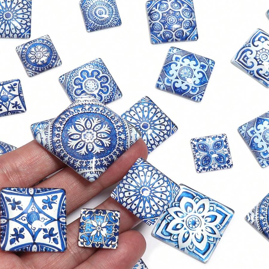 10 buc caboșoane pătrate din sticlă cu model de porțelan albastru - incrustații multifuncționale pentru pandantive, potrivite pentru coliere DIY, brățări, cercei și inele, incrustații în stil boem, disponibile în mai multe dimensiuni