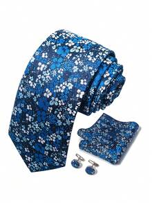 1 Set de corbata, pañuelo de bolsillo y gemelos de 3 piezas con estampado floral para hombres, adecuado para accesorios formales de novio en bodas y atuendo de negocios - colores mezclados - Ver 7