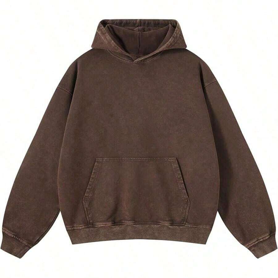 Men's Washed Distressed Pocket Hoodie Vintage Oversized Hoodie Acid Wash Cotton Pullover Hoodies For Streetwear Sweatshirts - Street Fashion - 棕色 - 查看 1