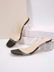 Giày sandal cao gót màu trắng thanh lịch dành cho nữ - Mũi vuông, gót dày, quai giả da, giày công sở phù hợp mọi mùa, gót nhọn - màu đen - Xem 5