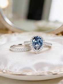 2枚女士时尚个性化戒指 - 精致水滴形珠宝 - 优雅锆石订婚戒指 - 适合日常佩戴，最佳礼品之选 - 藍色 - 查看 3