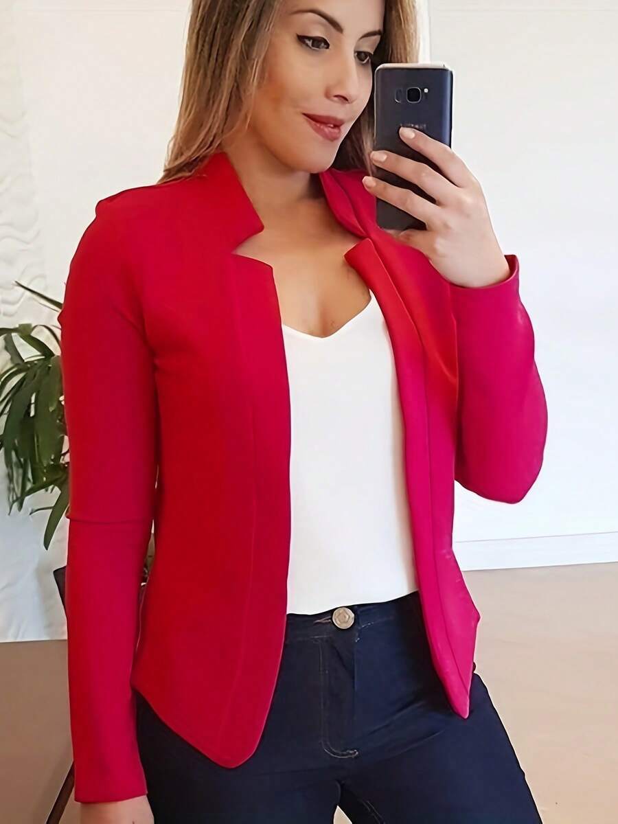 1件女款純色立領休閒開襟外套，適合辦公室，春秋穿著，紅色 - 紅色 - 查看 1