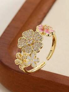 5件套奢华优雅盛开花朵和蝴蝶镶嵌立方氧化锆戒指套装，可调节铜戒指，适合日常、派对、度假佩戴（不含礼盒） - 金黃色 - 查看 10