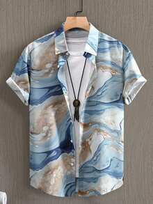 Flowing Ocean Waves And Soft Marble Textures Blend In Calm Blue Tones Symbolizing Freedom And Elegance 3D Print Casual Short Sleeve Men's Shirt Summer Beach Fashion Top - 白色 - 查看 4