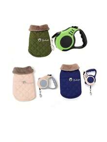 2件套宠物保暖加厚外套+伸缩牵引绳套装，可爱毛绒项圈狗狗外套，保暖毛绒项圈狗狗户外旅行服，秋冬季 - 彩色 - 查看 2