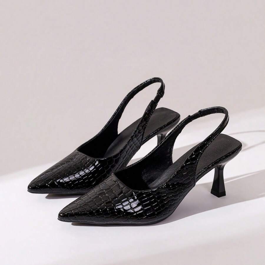 2026 Spring/Summer Women's High Heel Pointed Toe Fashion Button Lacquer Leather Black Open-Toe Shoes, Elegant Casual - Black - View 1