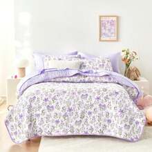 - Floral Quilt Set Coquette Cottagecore Shabby Chic Flower for Women Teen Girls Reversible Lightweight Bedspread Coverlet 3 Pieces Purple White Queen/Full Size - Blanco púrpura - Ver 1