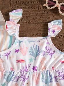 Baby Girls' Summer Underwater Animal Print, Striped & Solid Color Flutter Sleeve 3-Piece Romper Set, Sporty Outdoor - Mauve Purple - View 5
