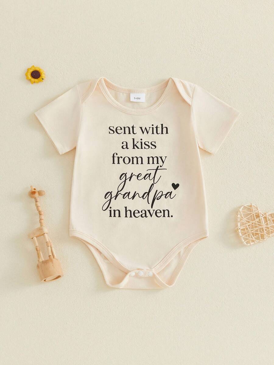 Infant Baby Summer Jumpsuit Letter Print Short Sleeve Round Neck Romper Cute Bodysuit - Apricot - View 1