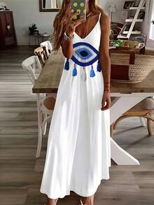 休闲风蓝色流苏印花V领无袖连衣裙 - 白色 - 查看 1