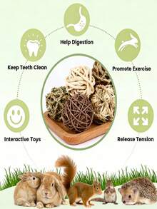 Bộ sản phẩm gồm bóng gặm đan lát, đồ chơi gặm cho thỏ/chuột hamster/chuột lang, bóng cỏ ăn được cho thú cưng. - Xem 5