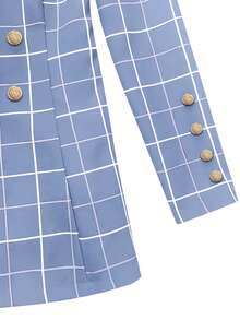 Women's Front Button Notched Collar Long Sleeve Plaid Casual Blazer Spring - Dusty Blue - View 4