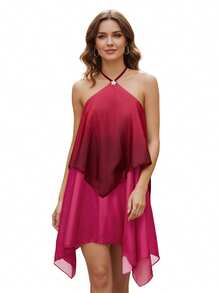 Women's Gradient Halter Mini Dress, Layered Ruffle Hem Dress For Summer Club Nights  Party Outings - 玫紅色 - 查看 4