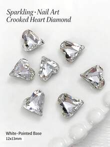 50pcs Crooked Heart Nail Rhinestones, Pointed Bottom Colorful Sparkling Heart & Heart K9 Glass Crystal Nail Art Decorations, Nail Accessories, Glitter Nails Nail Charms - White - View 9