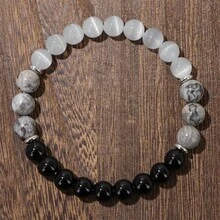 男士天然石串珠手链 - 黑玛瑙、猫眼石和地图石，用于保护和接地能量 - 多色 - 查看 3