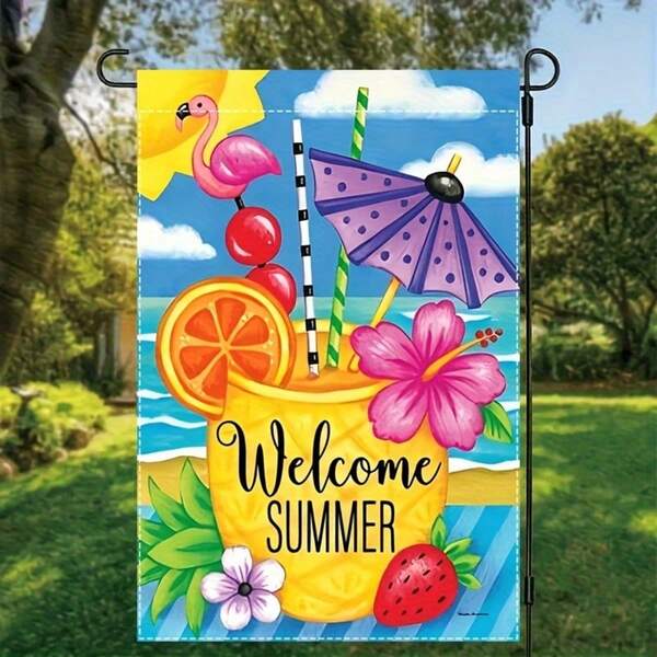 1 pieza Bandera de jardín de bienvenida al verano - 12.0X18.0 pulgadas, diseño de frutas tropicales y sombrilla de playa, de poliéster duradero, decoración exterior de doble cara, colores vibrantes para uso interior y exterior