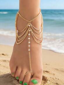 1pc Minimalist Fashion Faux Crystal Beaded Multi-Layer Toe Ring, Suitable For Beach, Vacation, Casual Wear, Birthday, Holiday Gift - Gold - View 2