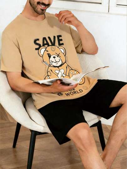 Bộ đồ ngủ nam mỏng, màu trơn, in hình gấu bị thương, tay ngắn và quần đùi, đồ mặc nhà theo yêu cầu.