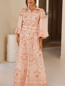 Women's Linen Loose Casual Belted Waist Puff Sleeve Dress - 粉色 - 查看 8